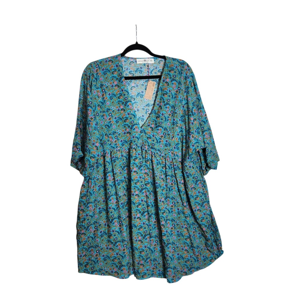 Natural Life Turquoise Floral Rayon Babydoll Dress XL Boho V-Neck